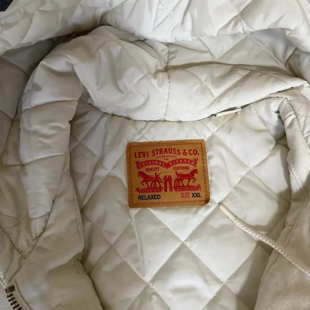 Levis Potrero White Denim Full Zip Hooded Jacket Quilt Lined Workwear Size XXL